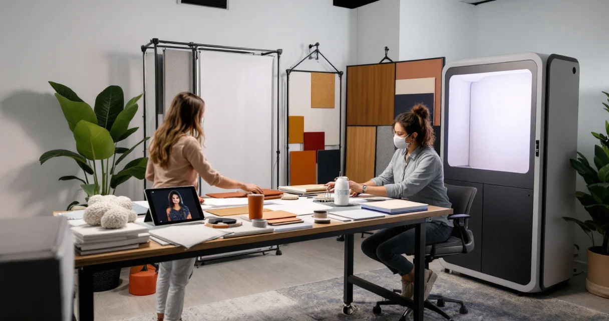 Event designer arranging props and backdrop while preparing a branded AI photo booth experience