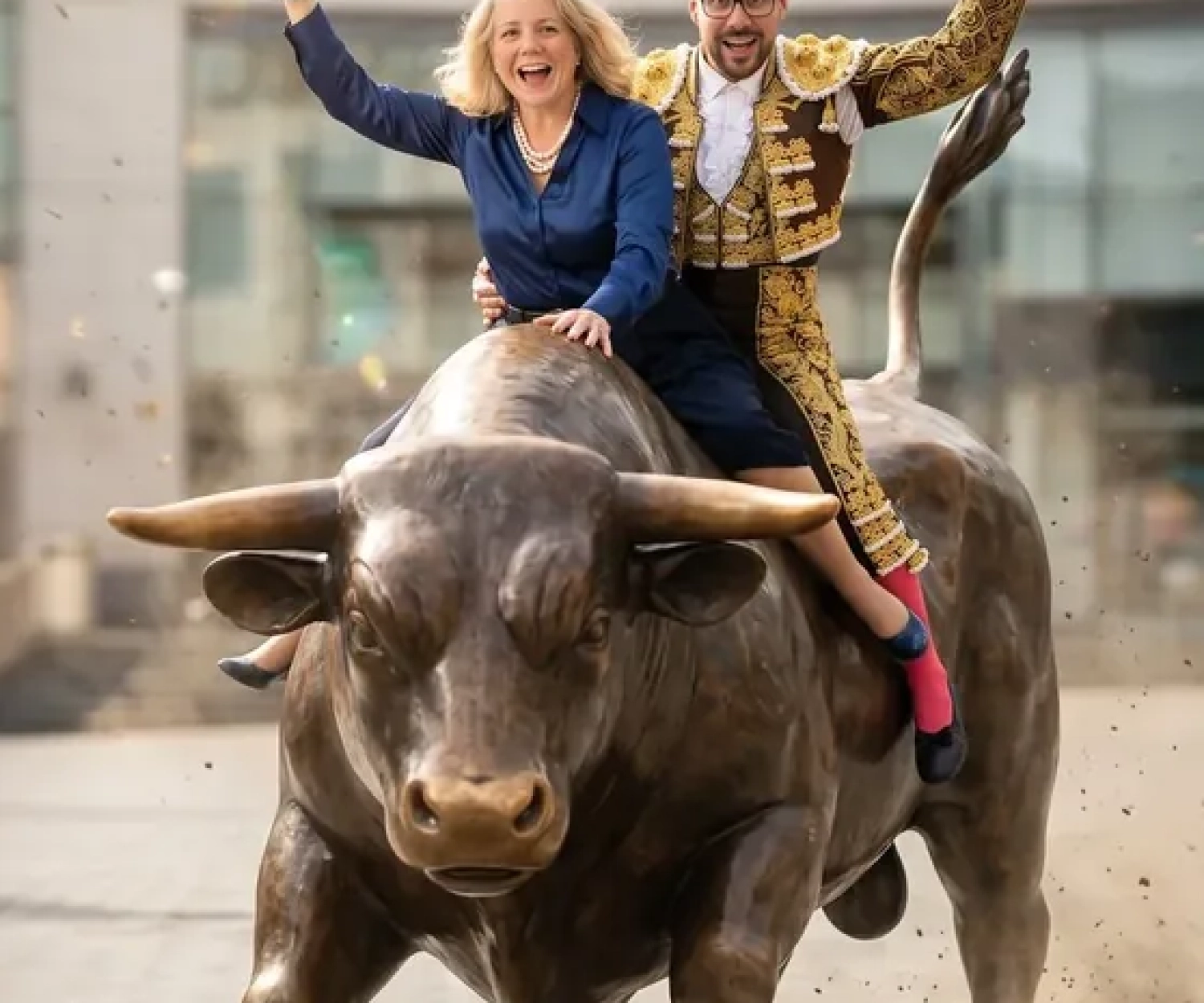 AI photo booth Switzerland – guests riding a bull through the city