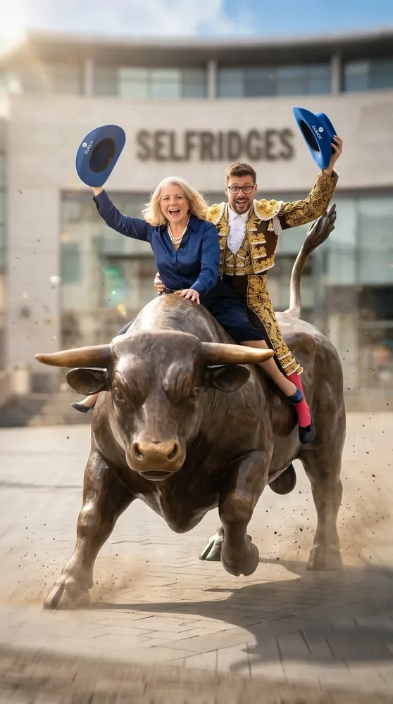 AI photo booth Switzerland – guests riding a bull through the city