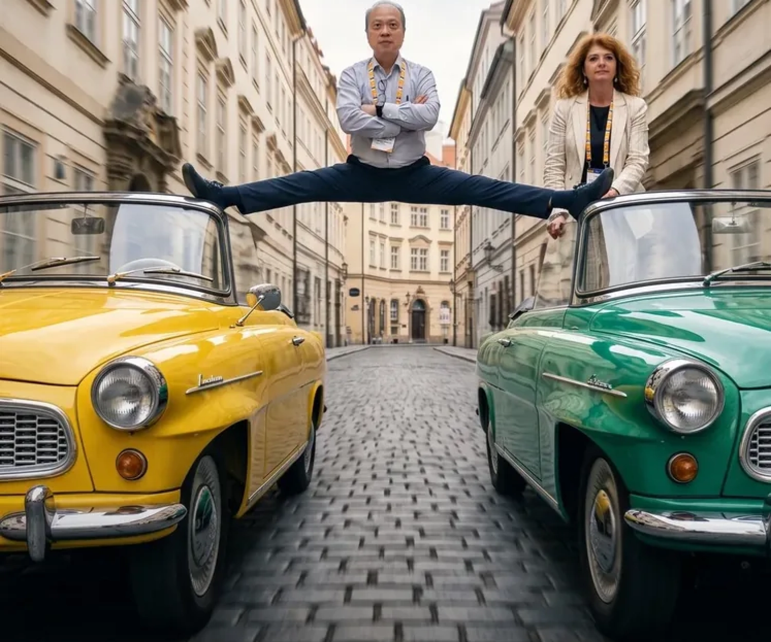 AI photo booth Switzerland – Europe Congress Prague, jump between vintage cars
