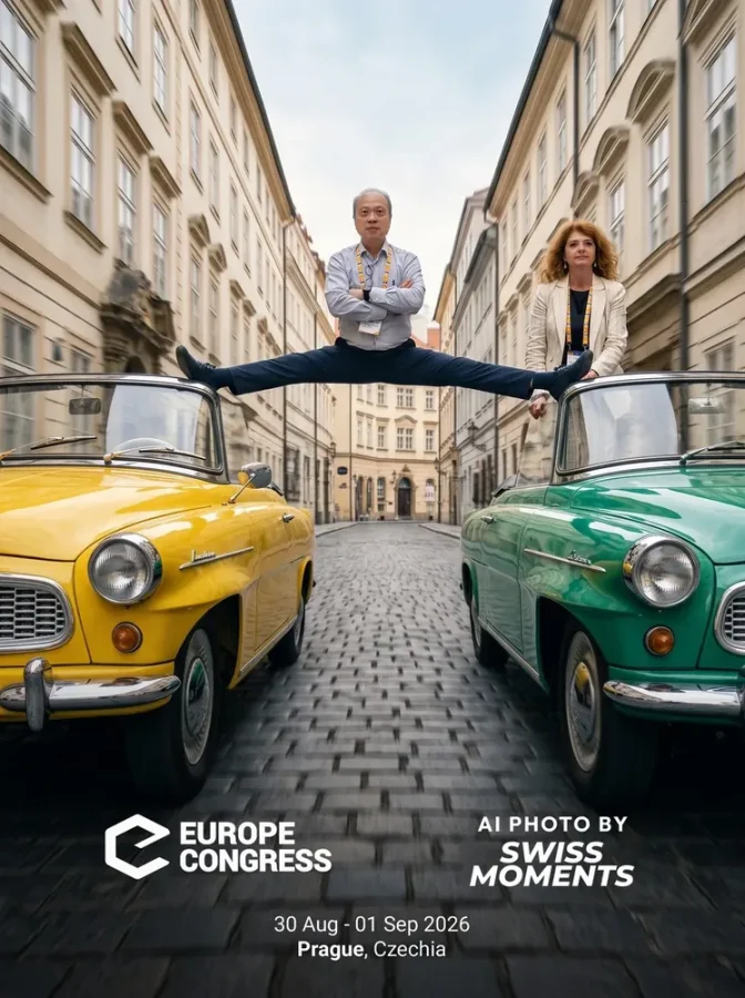 AI photo booth Switzerland – Europe Congress Prague, jump between vintage cars