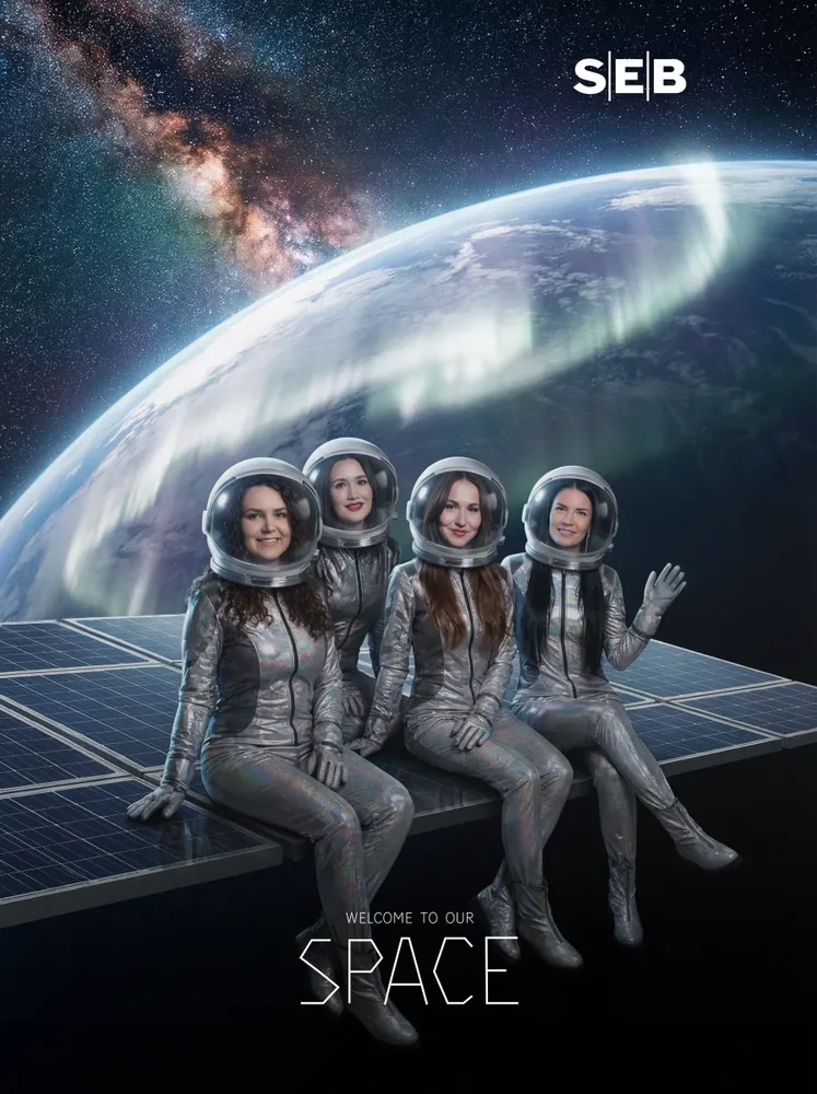 AI photo booth Switzerland – team as astronauts above planet Earth