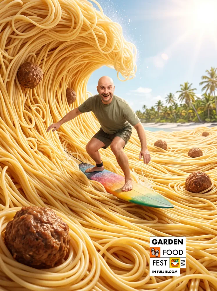 AI photo booth Switzerland – guest surfing a wave of spaghetti
