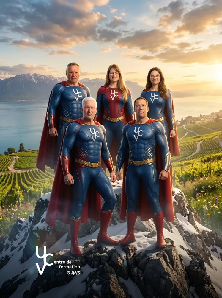 AI photo booth Switzerland – company team as superheroes in the Swiss Alps