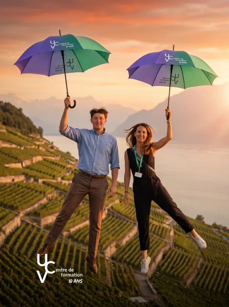 AI photo booth Switzerland – guests flying with umbrellas over a Swiss vineyard