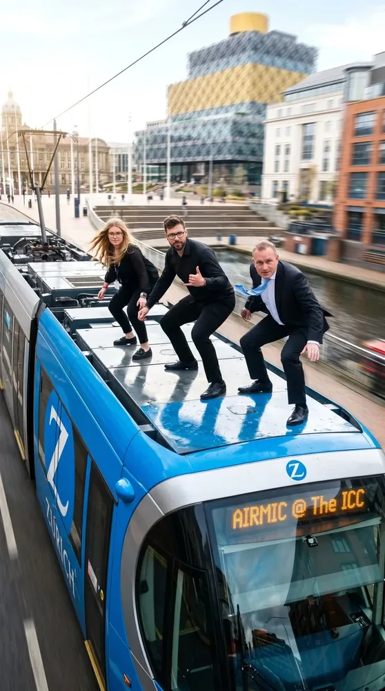 AI photo booth Switzerland – guests riding on top of a Zurich tram