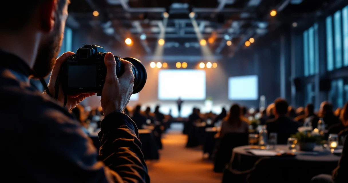 Event photographer capturing keynote moment at Swiss corporate conference with audience and stage lighting