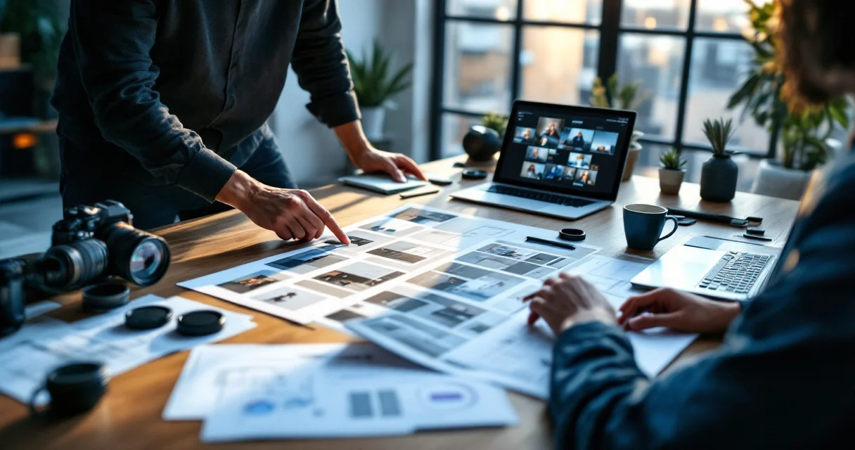 Marketingteam plant die Videoproduktion für ein Unternehmen mit Kameraausrüstung und Storyboard-Frames