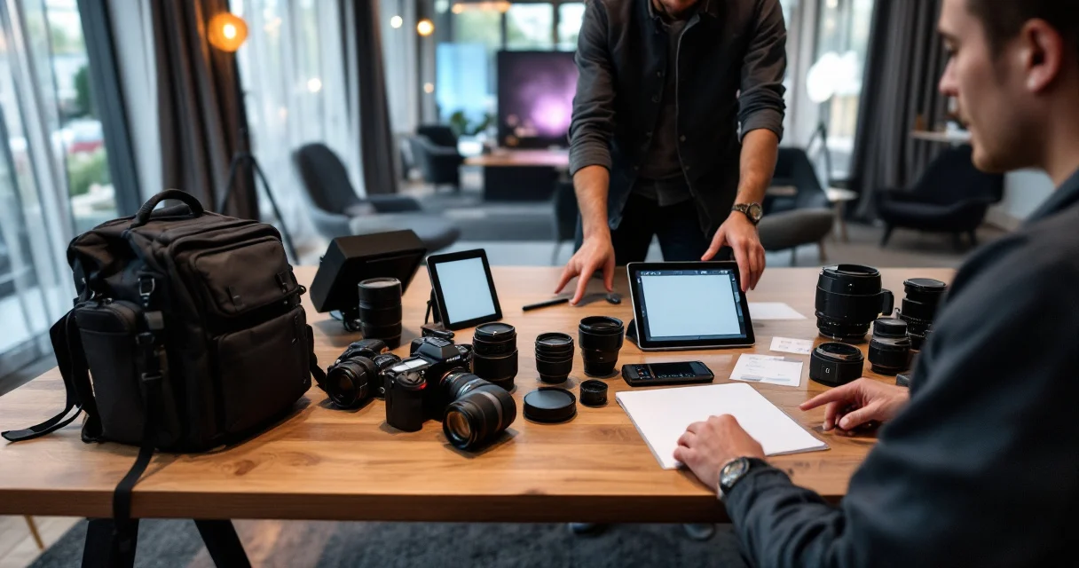 Eventplaner begutachten Foto- und Videoausrüstung vor der Auswahl einer Schweizer Event-Media-Agentur