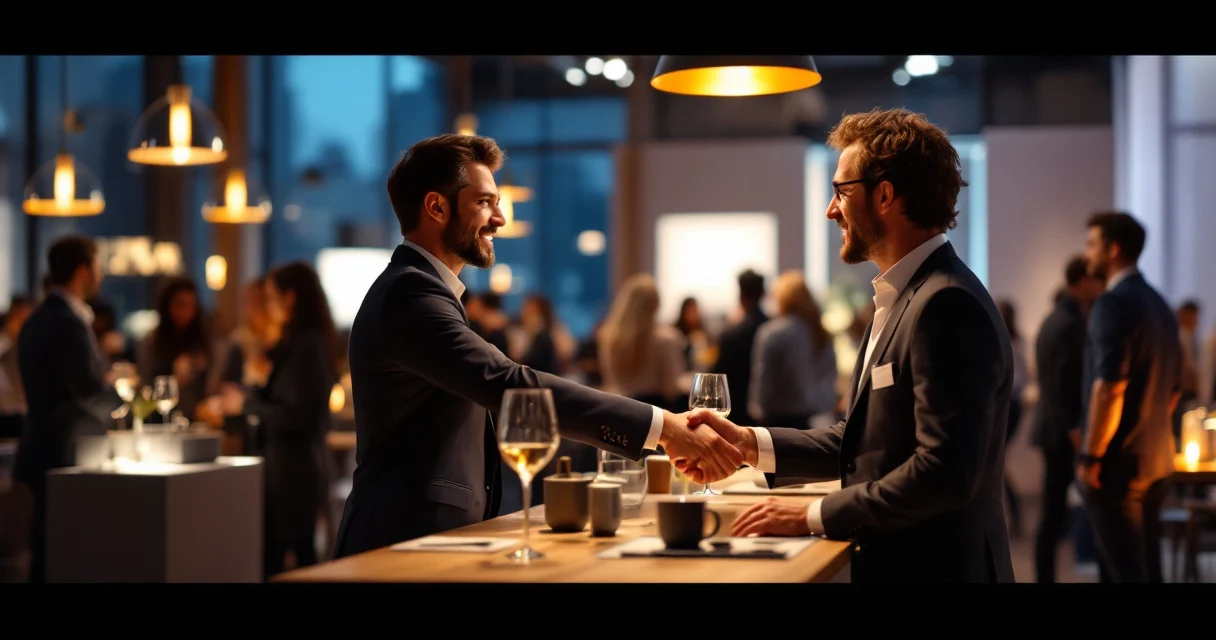Over-the-shoulder view of photographer capturing handshake moment at stylish corporate networking event